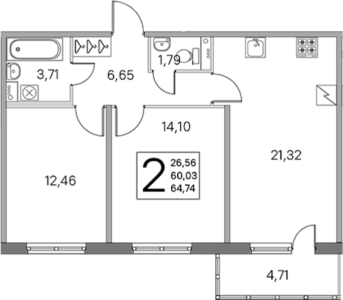 2-комнатная квартира 60.03 м², 2/5 эт., ЖК «ЮгТаун. Олимпийские кварталы»